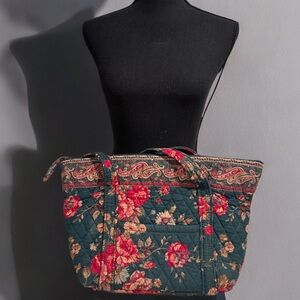 80s Vintage Vera Bradley Greenbriar Red Roses Quilted Floral Tote Shoulder Bag